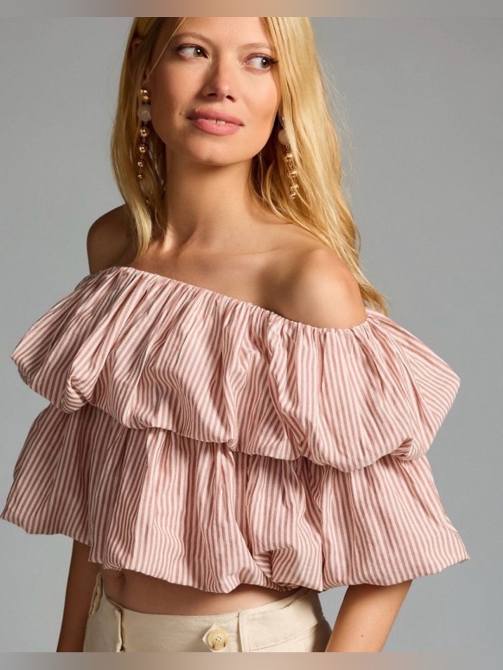 Anthropologie  Women’s Size Small Off-Shoulder Pink Striped Ruffle Crop Top